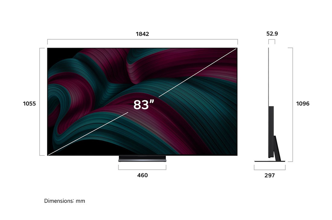 LG OLED evo 83 ιντσών AI C5 4K Smart TV 2025, Μπροστινή και πλαϊνή όψη της LG OLED evo AI C5 4K Smart TV που δείχνει το μήκος, το πλάτος, το ύψος και το βάθος της., OLED83C54LA, thumbnail 4