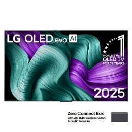 Πρόσοψη της LG OLED M5 TV. Το έμβλημα 12 Years of world number 1 OLED και το λογότυπο LG OLED evo AI 2025 βρίσκονται στην οθόνη. Το Zero Connect Box στη γωνία με τον τίτλο, Zero Connect Box με ασύρματ