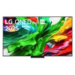 Μπροστινή όψη της LG QNED evo QNED85 TV, το λογότυπο LG QNED evo Al στην πάνω γωνία. Η LG QNED evo QNED85 TV απεικονίζει πολύχρωμές υφές σαν βαφές που συνδυάζονται.2