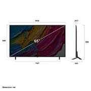 LG Τηλεόραση 65 ιντσών LG QNED AI QNED80 4K Smart TV 2025, Μπροστινή και πλαϊνή όψη της LG QNED AI QNED80 4K Smart TV που δείχνει το μήκος, το πλάτος, το ύψος και το βάθος της., 65QNED80A6A, thumbnail 4
