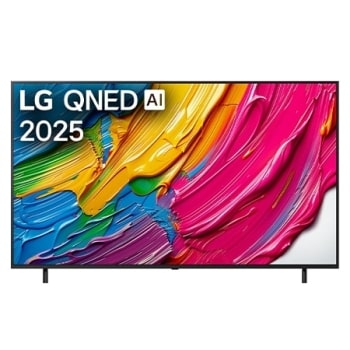 Μπροστινή όψη της LG QNED80 TV, το λογότυπο LG QNED Al στην πάνω γωνία. Η LG QNED TV απεικονίζει πολύχρωμες υφές σαν βαφές που συνδυάζονται.1