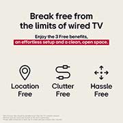 LG OLED evo 83 ιντσών M5 4K Smart TV, Τρία εικονίδια που αναπαριστάνουν τα 3 δωρεάν οφέλη της LG True Wireless TV. Σε κάθε χώρο, χωρίς ακαταστασία, χωρίς κόπο. Το κείμενο αναφέρει ότι απελευθερώνεστε από τα όρια της ενσύρματης τηλεόρασης , OLED83M59LA, thumbnail 6