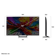 LG Τηλεόραση LG QNED evo AI 75 ιντσών QNED93 4K Smart TV 2025, Μπροστινή και πλαϊνή όψη της LG QNED evo QNED93 TV που δείχνει το μήκος, το πλάτος, το ύψος και το βάθος της., 75QNED93A6A, thumbnail 5