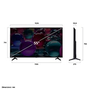 LG Τηλεόραση LG UHD AI 55 ιντσών UA73 4K Smart TV 2025, Μπροστινή και πλαϊνή όψη της LG UHD AI UA73 4K Smart TV που δείχνει το μήκος, το πλάτος, το ύψος και το βάθος της., 55UA73006LA, thumbnail 4