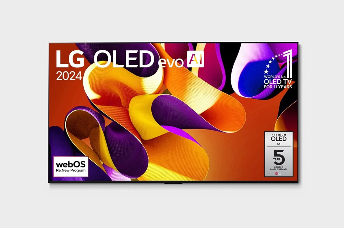 LG OLED evo AI 97 ιντσών G4 4K Smart TV 2024, Μπροστινή όψη LG OLED evo TV, OLED G4, με το έμβλημα 11 Years of world number 1 OLED και το λογότυπο 5ετούς εγγύησης πάνελ στην οθόνη, OLED97G45LW