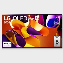 Μπροστινή όψη LG OLED evo TV, OLED G4, με το έμβλημα 11 Years of world number 1 OLED και το λογότυπο 5ετούς εγγύησης πάνελ στην οθόνη2