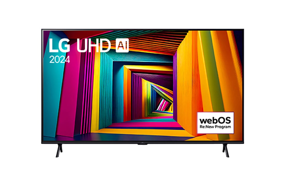 LG Τηλεόραση 98 ιντσών LG UHD AI UT91 4K Smart TV 2024, Μπροστινή όψη της LG UHD TV, UT80 με το κείμενο LG UHD AI ThinQ και 2024 στην οθόνη, 98UT91006LA