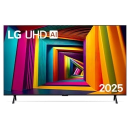 Вид спереди на телевизор LG UHD TV, UT80 с текстом LG UHD AI ThinQ, 2024 года и логотипом webOS Re:New Program на экране2