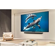 LG Τηλεόραση 55 ιντσών LG QNED AI QNED80 4K Smart TV 2025, Μια οικογένεια κάθεται σε έναν καναπέ κοιτάζοντας μια LG QNED TV τοποθετημένη σε έναν τοίχο πάνω από ένα LG Soundbar με ένα μικρό κορίτσι να δείχνει σε μια οθόνη που απεικονίζει δύο δελφίνια. Ο τίτλος, 55QNED80A6A, thumbnail 13