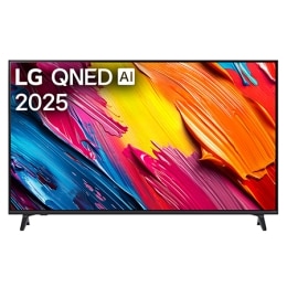 Μπροστινή όψη της LG QNED70 TV, το λογότυπο LG QNED Al στην πάνω γωνία. Η LG QNED TV απεικονίζει πολύχρωμες υφές σαν βαφές που συνδυάζονται.2