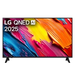 Μπροστινή όψη της LG QNED70 TV, το λογότυπο LG QNED Al στην πάνω γωνία. Η LG QNED TV απεικονίζει πολύχρωμες υφές σαν βαφές που συνδυάζονται.2