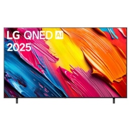 Μπροστινή όψη της LG QNED70 TV, το λογότυπο LG QNED Al στην πάνω γωνία. Η LG QNED TV απεικονίζει πολύχρωμες υφές σαν βαφές που συνδυάζονται.2