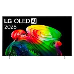 Η μπροστινή όψη της LG OLED AI B6, που κυκλοφόρησε το 2026, διαθέτει λεπτό μαύρο πλαίσιο, με μια ζωντανή, ανάγλυφη εικόνα με πλούσιες, πολύχρωμες μορφές που γεμίζουν την οθόνη.2