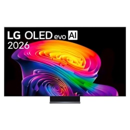 Η μπροστινή όψη της LG OLED evo AI C6, που κυκλοφόρησε το 2026, διαθέτει λεπτό μαύρο πλαίσιο, με ένα ζωηρό, σμιλευμένο στροβιλισμό από τόνους ουράνιου τόξου που ρέουν στην οθόνη.2