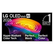 LG OLED evo AI 77 ιντσών C6 4K Smart TV 2026, Η μπροστινή όψη της LG OLED evo AI C6, η οποία κυκλοφόρησε το 2026, δείχνει μια εικόνα με πολυεπίπεδες, πολύχρωμες μορφές, με Hyper Radiant Color Tech, Perfect Black & Perfect Color, μαζί με το σήμα «, OLED77C64LA, thumbnail 2