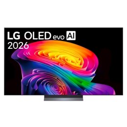 Η μπροστινή όψη της LG OLED evo AI C6, που κυκλοφόρησε το 2026, διαθέτει λεπτό μαύρο πλαίσιο, με ένα ζωηρό, σμιλευμένο στροβιλισμό από τόνους ουράνιου τόξου που ρέουν στην οθόνη.2