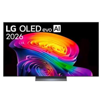 Η μπροστινή όψη της LG OLED evo AI C6, που κυκλοφόρησε το 2026, διαθέτει λεπτό μαύρο πλαίσιο, με ένα ζωηρό, σμιλευμένο στροβιλισμό από τόνους ουράνιου τόξου που ρέουν στην οθόνη.1