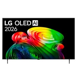 The front view of LG OLED AI B6, released in 2026, features a slim black bezel, with a vivid, sculptural image of richly layered, multicolored forms filling the screen, along with the World's No.1 OLE2