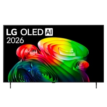 The front view of LG OLED AI B6, released in 2026, features a slim black bezel, with a vivid, sculptural image of richly layered, multicolored forms filling the screen, along with the World's No.1 OLE1
