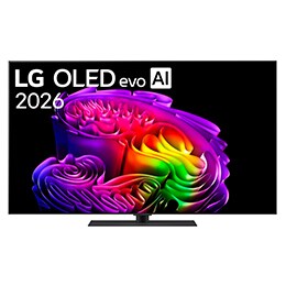 Η μπροστινή όψη της LG OLED evo AI G6, που κυκλοφόρησε το 2026, διαθέτει λεπτό μαύρο πλαίσιο, με μια ζωντανή, ανάγλυφη εικόνα με πλούσιες, πολύχρωμες μορφές που γεμίζουν την οθόνη.2
