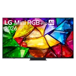 Η μπροστινή όψη της LG Mini RGB evo AI MRGB85, που κυκλοφόρησε το 2026, διαθέτει λεπτό μαύρο πλαίσιο με κοντά πόδια, ενώ μια ζωντανή, κρυσταλλική εικόνα με ευκρινώς καθορισμένες πολύχρωμες έδρες γεμίζ2
