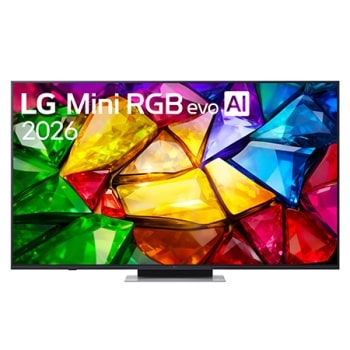 Η μπροστινή όψη της LG Mini RGB evo AI MRGB85, που κυκλοφόρησε το 2026, διαθέτει λεπτό μαύρο πλαίσιο με κοντά πόδια, ενώ μια ζωντανή, κρυσταλλική εικόνα με ευκρινώς καθορισμένες πολύχρωμες έδρες γεμίζ1