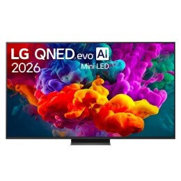 Η μπροστινή όψη της LG QNED evo AI QNED85 Mini LED, η οποία κυκλοφόρησε το 2026, γεμίζει την οθόνη με ζωντανές, ομαλές ριπές πολύχρωμης κίνησης σαν μπογιά, καθώς πυκνά σύννεφα χρώματος διαχέονται ομαλ2