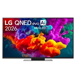 Η μπροστινή όψη της LG QNED evo AI QNED85 Mini LED, η οποία κυκλοφόρησε το 2026, γεμίζει την οθόνη με ζωντανές, ομαλές ριπές πολύχρωμης κίνησης σαν μπογιά, καθώς πυκνά σύννεφα χρώματος διαχέονται ομαλ2