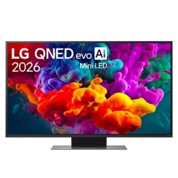Η μπροστινή όψη της LG QNED evo AI QNED85 Mini LED, η οποία κυκλοφόρησε το 2026, γεμίζει την οθόνη με ζωντανές, ομαλές ριπές πολύχρωμης κίνησης σαν μπογιά, καθώς πυκνά σύννεφα χρώματος διαχέονται ομαλ2
