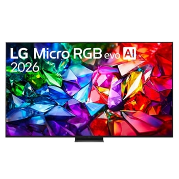 Η μπροστινή όψη της LG Micro RGB evo AI MRGB95, που κυκλοφόρησε το 2026, διαθέτει λεπτό μαύρο πλαίσιο σε πόδια χαμηλού προφίλ, με ζωντανή, κρυσταλλική εικόνα με ευκρινείς κόκκινες, πράσινες και μπλε ό