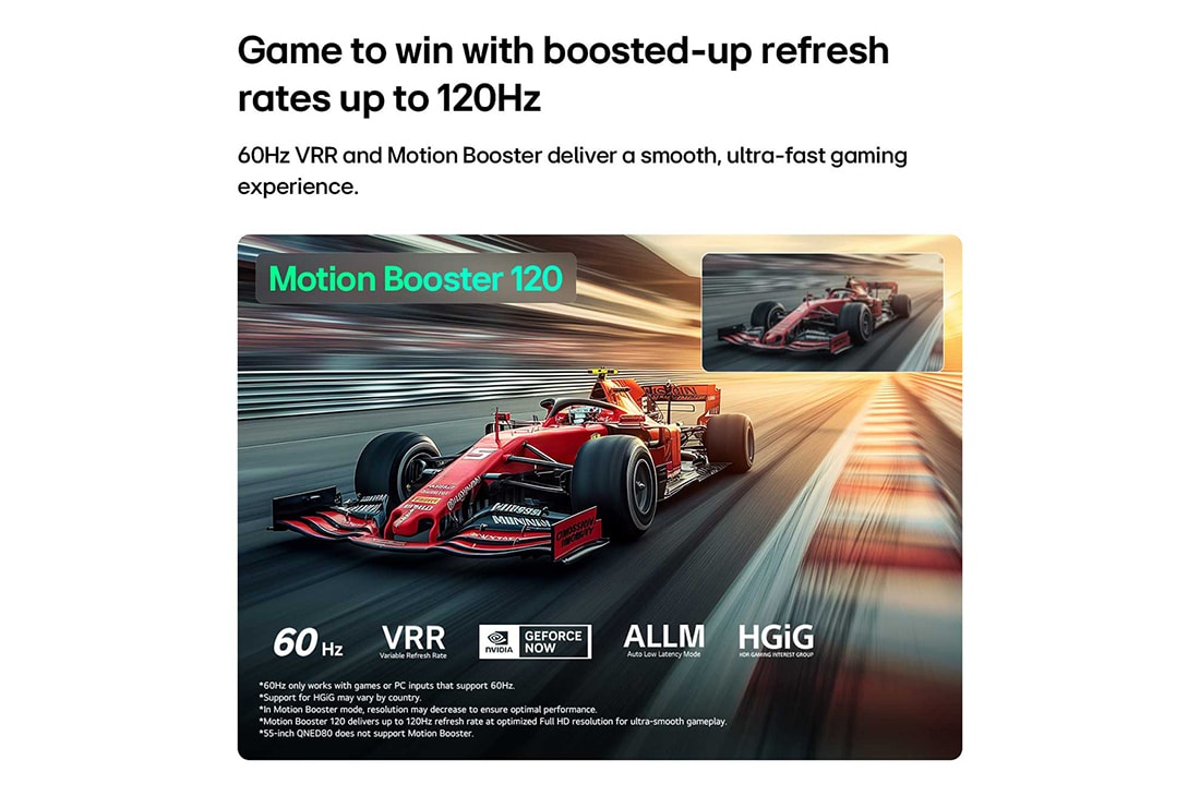 LG Τηλεόραση LG QNED evo AI 75&nbsp; ιντσών QNED81 Mini LED 4K Smart TV 2026, Η LG QNED evo AI QNED80 Mini LED για Ultimate Gameplay δείχνει μια αγωνιστική σκηνή υψηλής ταχύτητας με ένα ένθετο σύγκρισης που τονίζει πιο ομαλή κίνηση με το Motion Booster 120, ενώ υποστηρίζει 60Hz, 75QNED81B6A, thumbnail 12
