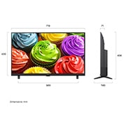LG 32 ιντσών LG SMART TV AI LB65 FHD 2026, Η LG SMART TV AI LB65 FHD TV που φαίνεται στην μπροστινή και την πλαϊνή όψη αναδεικνύει μια οθόνη 32 ιντσών με οθόνη πλάτους 719 mm, ύψος οθόνης 430 mm, ύψος 456 mm με βάση, βάθος 71 mm και αποτύπωμα , 32LB650B6LA, thumbnail 2