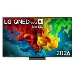 Η μπροστινή όψη της LG QNED evo AI QNED82 Mini LED, η οποία κυκλοφόρησε το 2026, γεμίζει την οθόνη με ζωντανές, ομαλές πινελιές πολύχρωμης κίνησης σαν μπογιά, καθώς τα σύννεφα χρώματος, με πλούσιες στ