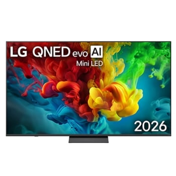 Η μπροστινή όψη της LG QNED evo AI QNED82 Mini LED, η οποία κυκλοφόρησε το 2026, γεμίζει την οθόνη με ζωντανές, ομαλές πινελιές πολύχρωμης κίνησης σαν μπογιά, καθώς τα σύννεφα χρώματος, με πλούσιες στ
