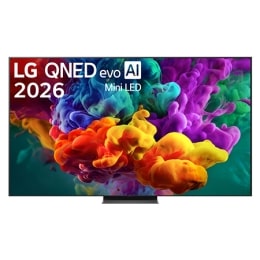 Η μπροστινή όψη της LG QNED evo AI QNED85 Mini LED, η οποία κυκλοφόρησε το 2026, γεμίζει την οθόνη με ζωντανές, ομαλές ριπές πολύχρωμης κίνησης σαν μπογιά, καθώς πυκνά σύννεφα χρώματος διαχέονται ομαλ