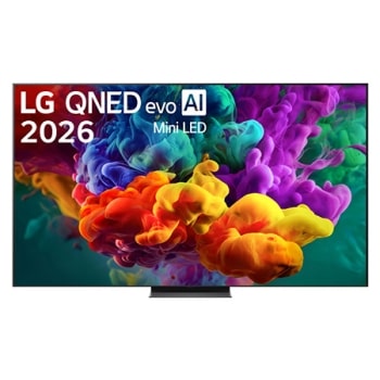 Η μπροστινή όψη της LG QNED evo AI QNED85 Mini LED, η οποία κυκλοφόρησε το 2026, γεμίζει την οθόνη με ζωντανές, ομαλές ριπές πολύχρωμης κίνησης σαν μπογιά, καθώς πυκνά σύννεφα χρώματος διαχέονται ομαλ