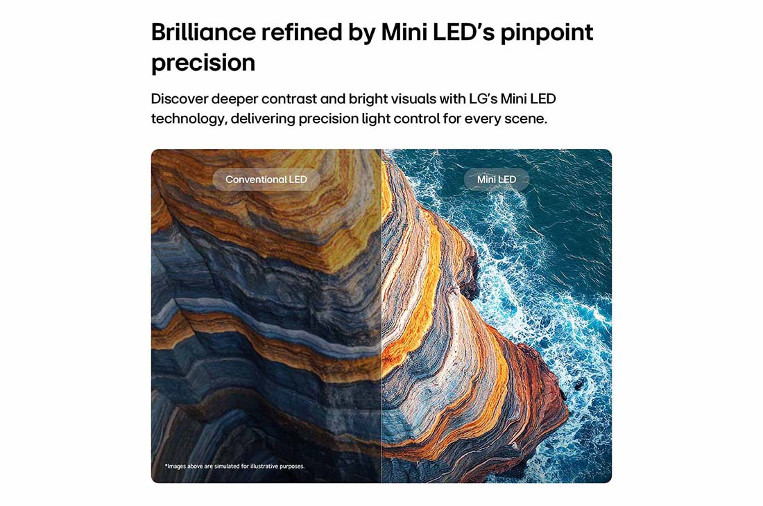 LG Τηλεόραση LG QNED evo AI 55&nbsp; ιντσών QNED81 Mini LED 4K Smart TV 2026, Η LG QNED evo AI QNED80 Mini LED επισημαίνει πώς το Mini LED αποκαλύπτει πιο ευκρινείς υφές βράχων και πιο καθαρές λεπτομέρειες του ωκεανού από το συμβατικό LED σε μια σκηνή χωρισμένου παράκτιου γκρεμού, παρέχοντας βαθύτερα μαύρα και πιο εκλεπτυσμένη αντίθεση για μεγαλύτερη καθαρότητα και βάθος., 55QNED81B6A, thumbnail 4