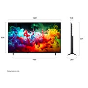 LG Τηλεόραση 65 ιντσών LG QNED AI QNED72 Mini LED 4K Smart TV 2026, Η LG QNED AI QNED70 Mini LED που φαίνεται στην μπροστινή και την πλαϊνή όψη τονίζει μια οθόνη 65 ιντσών με οθόνη πλάτους 1.447 mm, ύψος οθόνης 838 mm, ύψος 901 mm με βάση, βάθος προφίλ 70,8 mm και αποτύπωμα βάσης διαστάσεων 1.185 επί 269 mm., 65QNED72B6B, thumbnail 2