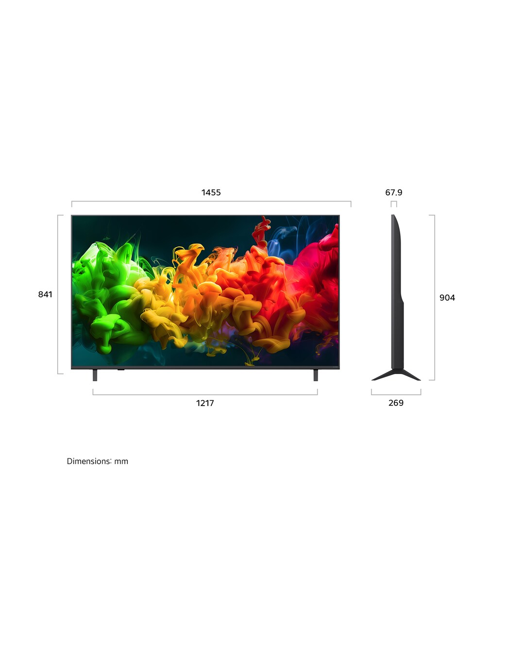 LG Τηλεόραση LG QNED evo AI 65&nbsp; ιντσών QNED81 Mini LED 4K Smart TV 2026, Η LG QNED evo AI QNED80 Mini LED που φαίνεται στην μπροστινή και την πλαϊνή όψη τονίζει μια οθόνη 65 ιντσών με οθόνη πλάτους 1.455 mm, ύψος οθόνης 841 mm, ύψος 904 mm με βάση, βάθος προφίλ 67,9 mm και αποτύπωμα βάσης διαστάσεων 1.217 επί 269 mm., 65QNED81B6A, thumbnail 2