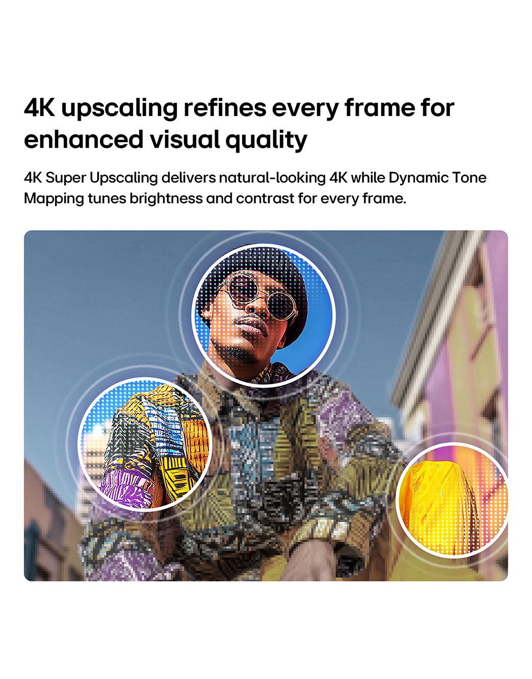 LG Τηλεόραση LG QNED evo AI 65&nbsp; ιντσών QNED81 Mini LED 4K Smart TV 2026, Η LG QNED evo AI QNED80 Mini LED με 4K Super Upscaling και Dynamic Tone Mapping δείχνει μια εξωτερική σκηνή, από χαμηλή γωνία λήψης, ενός άνδρα ανάμεσα σε πολύχρωμα κτίρια, καθώς η AI αναγνωρίζει τη σκηνή και αναβαθμίζει κάθε πλαίσιο σε ανάλυση 4K., 65QNED81B6A, thumbnail 6