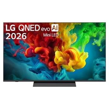 Η LG QNED evo AI QNED82 Mini LED που φαίνεται στην μπροστινή και την πλαϊνή όψη τονίζει μια οθόνη 65 ιντσών με οθόνη πλάτους 1.455 mm, ύψος οθόνης 841 mm, ύψος 904 mm με βάση, βάθος προφίλ 67,9 mm και