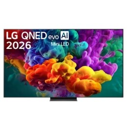 Η μπροστινή όψη της LG QNED evo AI QNED85 Mini LED, η οποία κυκλοφόρησε το 2026, γεμίζει την οθόνη με ζωντανές, ομαλές ριπές πολύχρωμης κίνησης σαν μπογιά, καθώς πυκνά σύννεφα χρώματος διαχέονται ομαλ