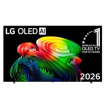 Η μπροστινή όψη της LG OLED AI B6, που κυκλοφόρησε το 2026, διαθέτει λεπτό μαύρο πλαίσιο, με μια ζωντανή, ανάγλυφη εικόνα με πλούσιες, πολύχρωμες μορφές που γεμίζουν την οθόνη.