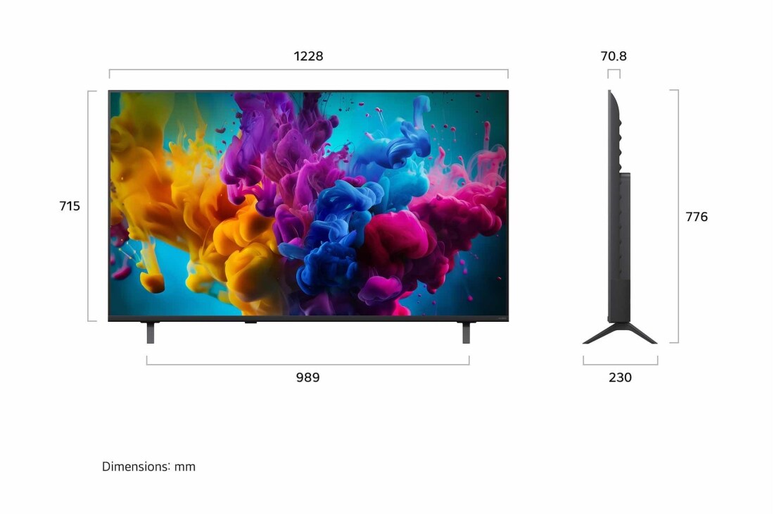 LG Τηλεόραση LG QNED evo AI 55  ιντσών QNED8Μ Mini LED 4K Smart TV 2026, Η LG QNED evo AI Mini LED QNED8M που εμφανίζεται σε μπροστινή και πλάγια όψη αναδεικνύει μια οθόνη 55 ιντσών με οθόνη πλάτους 1228 mm, ύψος οθόνης 715 mm, ύψος με βάση 776 mm, βάθος προφίλ 70,8 mm και, 55QNED8MB6C, thumbnail 2