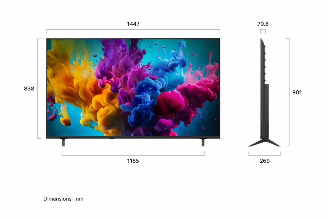 LG Τηλεόραση LG QNED evo AI 65 ιντσών QNED8M Mini LED 4K Smart TV 2026, Η LG QNED evo AI Mini LED QNED8M που εμφανίζεται σε μπροστινή και πλάγια όψη αναδεικνύει μια οθόνη 65 ιντσών με οθόνη πλάτους 1447 mm, ύψος οθόνης 838 mm, ύψος με βάση 901 mm, βάθος προφίλ 70,8 mm και, 65QNED8MB6C, thumbnail 2