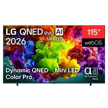 Η μπροστινή όψη της LG QNED evo AI Mini LED QNED90, που κυκλοφόρησε το 2026, γεμίζει την οθόνη με ζωντανές, ρευστές εκρήξεις πολύχρωμης κίνησης, που θυμίζει πινελιές μπογιάς, καθώς πυκνά σύννεφα χρωμά1