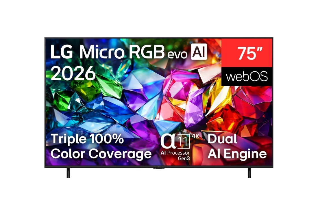 LG Micro RGB evo 75 ιντσών AI MRGB96 4K Smart TV 2026, Η μπροστινή όψη της LG Micro RGB evo AI MRGB95, που κυκλοφόρησε το 2026, εμφανίζει μια ζωντανή, κρυσταλλική εικόνα με ευκρινείς κόκκινες, πράσινες και μπλε όψεις, με οθόνη 100 ιντσών, webOS, RGB Prima, 75MRGB96B6B, thumbnail 2