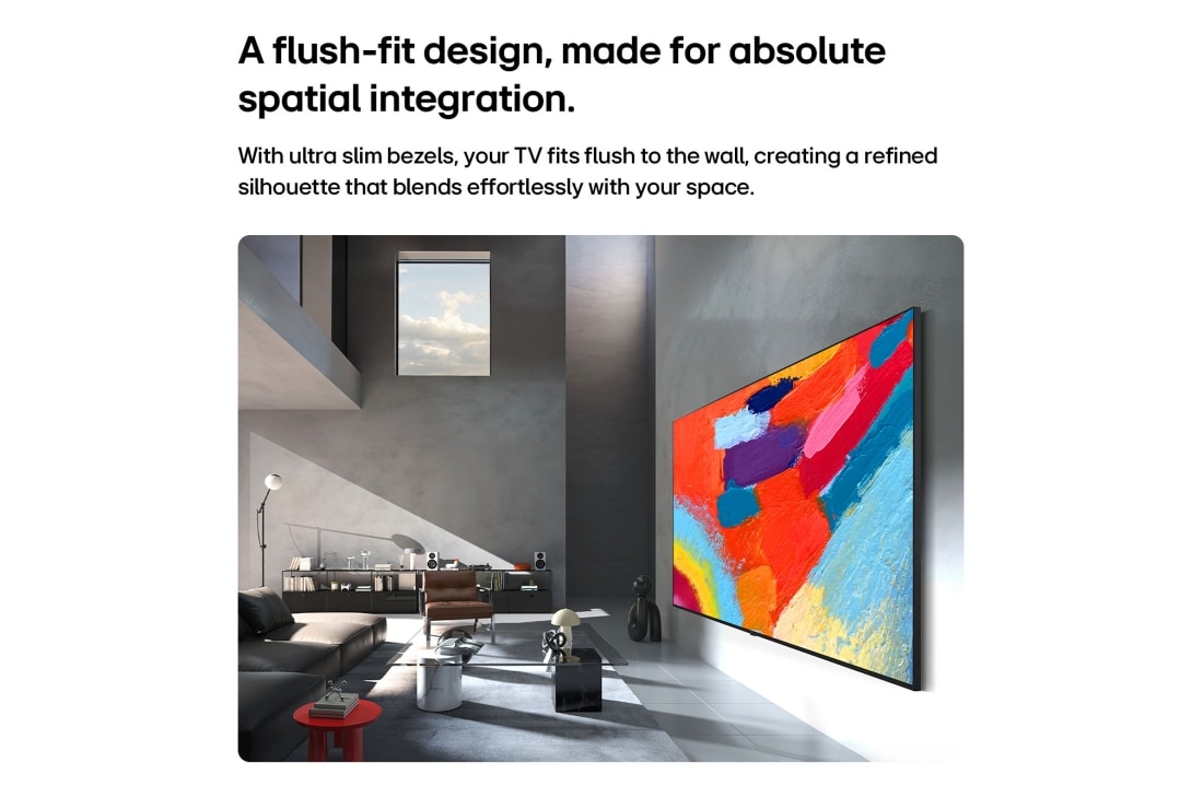 LG Micro RGB evo 75 ιντσών AI MRGB96 4K Smart TV 2026, Η LG Micro RGB evo AI MRGB95 είναι απρόσκοπτα τοποθετημένη στον τοίχο σε ένα ευρύχωρο δωμάτιο σε μαύρους τόνους, εμφανίζοντας τολμηρά έργα τέχνης σε ζωηρά χρώματα που εναρμονίζονται με τον περιβάλλοντ, 75MRGB96B6B, thumbnail 14