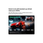 LG Micro RGB evo 75 ιντσών AI MRGB96 4K Smart TV 2026, Η LG Micro RGB evo AI MRGB95 με το Ultimate Gameplay δείχνει μια ζωντανή αγωνιστική σκηνή υψηλής ταχύτητας με ένα θολό ένθετο σύγκρισης που τονίζει το Motion Booster 330, ενώ υποστηρίζει 165 Hz, VRR, , 75MRGB96B6B, thumbnail 10