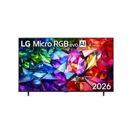Η μπροστινή όψη της LG Micro RGB evo AI MRGB95, που κυκλοφόρησε το 2026, διαθέτει λεπτό μαύρο πλαίσιο σε πόδια χαμηλού προφίλ, με ζωντανή, κρυσταλλική εικόνα με ευκρινείς κόκκινες, πράσινες και μπλε ό2